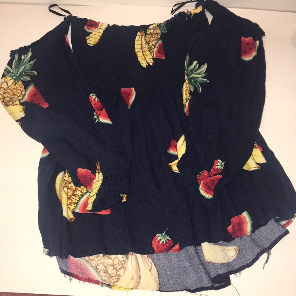Long Sleeve Off the Shoulder Navy Fruit Print Top